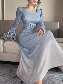 DAZY 女士优雅渐变银色方领花瓣袖中长连衣裙，春夏款 - 藍色 - 查看 1