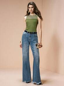 Revavyn Women's Color Block Fitted Casual Everyday Top - Army Green - View 2
