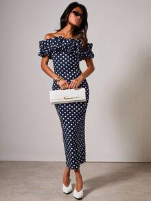 Women's Polka Dot Print Fitted Off Shoulder Short Sleeve Midi Dress,Summer Dresses For Women - Navy Blue - View 4