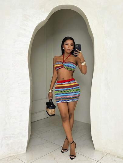 BamGleam Summer New Colorful Woven Sexy Tube Top Camisole & Skirt Two Pieces Set, Vacation Style For Women