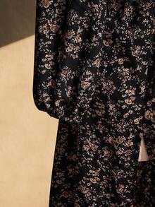 ICON Vestido de manga larga con cuello en V profundo y estampado floral diminuto para mujer de talla grande - Negro - Ver 9