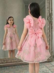 SHEIN Young Girl Ruffle Embroidered Bow Decor Dress Tea Party Girls Dress Girls Pink Elegant Dress, Young Girls - Pink - View 1