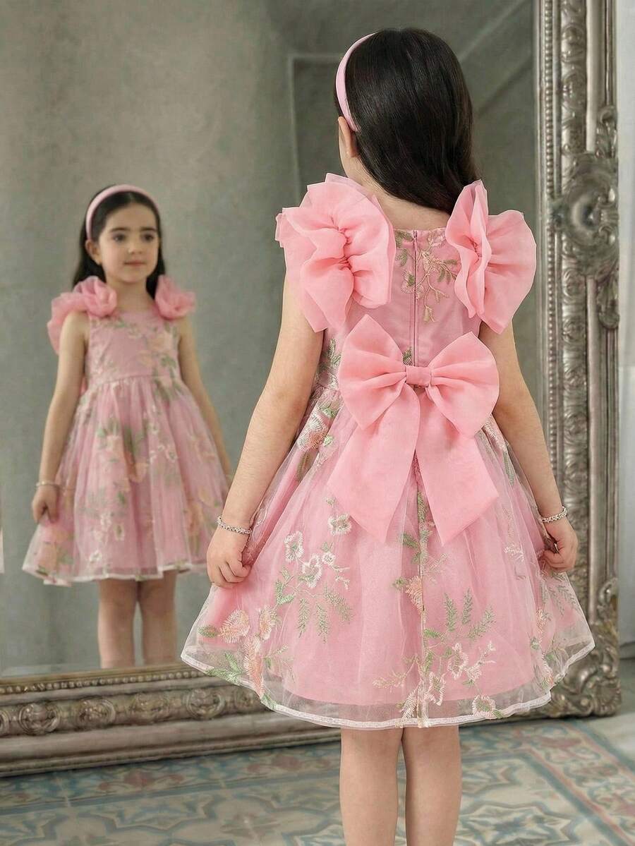 SHEIN Young Girl Ruffle Embroidered Bow Decor Dress Tea Party Girls Dress Girls Pink Elegant Dress, Young Girls - Pink - View 1