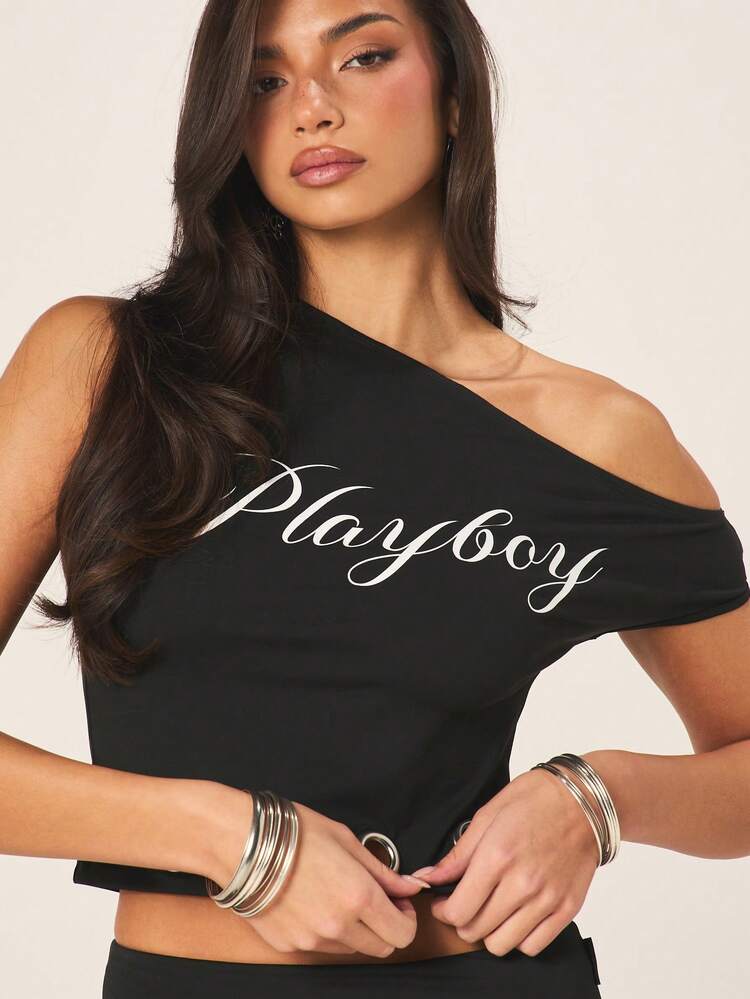 Missguided x Playboy Off Shoulder Eyelet Embellished Crop Top With Metal Grommets Black Short Sleeve Bardot Neckline Casual Streetwear