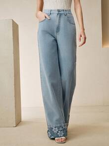 Anewsta New Fashion Jacquard Women Blue Denim Straight Leg Pants Pants Jeans Women's Jeans Wide Leg Jeans - Blue - View 4