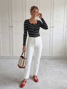 SHEIN LUNE Camiseta con estampado de rayas con botón - Negro - Ver 3