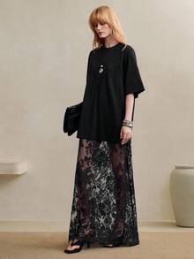 Arave 女士优雅两件套：圆领T恤和蕾丝吊带背心 - 黑色 - 查看 4