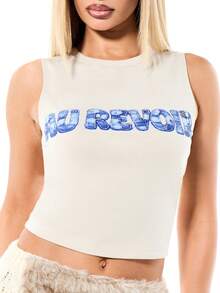 SUMWON WOMEN Women's Sleeveless Graphic Tank Top With Denim Print Text Design Regular Fit Casual Summer Wear - Apricot - View 6