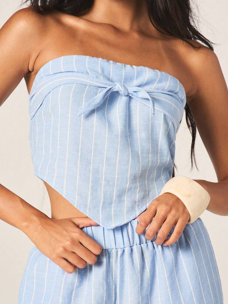 MISSGUIDED Women's Light Blue Striped Strapless Bandeau Top And Wide Leg Palazzo Trousers Coordinating Summer Two Piece Set