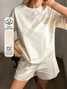 Bộ đồ ngủ ngắn tay và quần short bằng cotton dành cho nữ, kiểu dáng thường ngày, thích hợp cho mùa hè. - Màu be - Xem 5