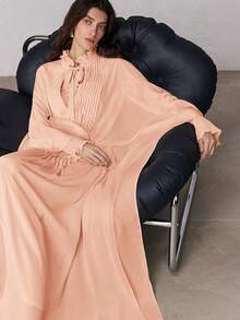 ZEYLAH Gaun Pesta Kasual Wanita Warna Polos dengan Kerah Ikat dan Lipit, Cocok untuk Musim Semi - Coral Pink - View 7