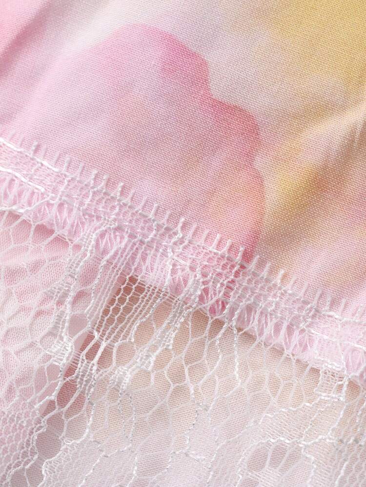Women's Lace Patchwork Allover Print Tie Collar Nightgown
