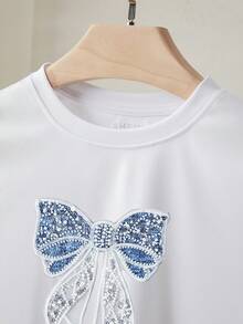 Resyla 大码女式蝴蝶装饰圆领短袖T恤 - 白色 - 查看 5