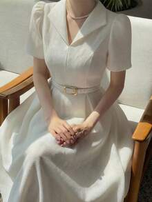 Modelyn New Korean Style Waist Gathered A-Line Dress, Wrinkle Texture Fabric, Elegant And Slimming - Apricot - View 1