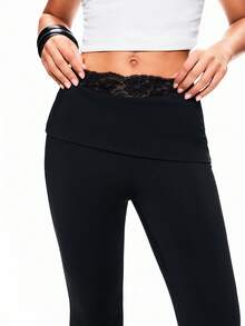 TypaGal 女士蕾丝边休闲纯色百搭阔腿裤，显瘦显腿长 - 黑色 - 查看 3