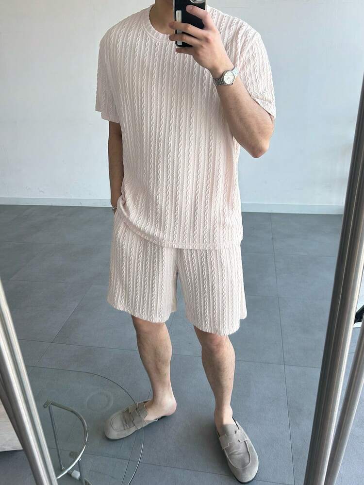 Light Grey Short Sleeve T-Shirt And Shorts Set For Men, Summer