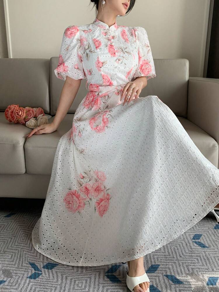 Women's Elegant Floral Print Stand Collar Belted Mid-Length Dress, Summer,Wedding Guest Dress Women Maxi Dress Sundress