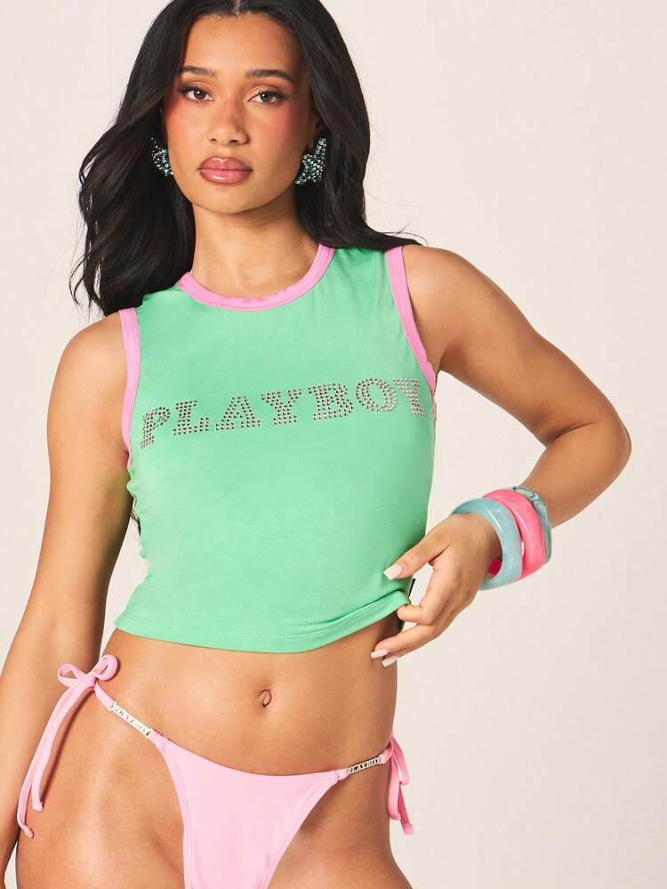 Missguided x Playboy Diamante Logo Embellished Green Tank Top With Pink Contrast Trim And Round Neckline