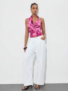 Gossip Girl X SHEIN SHEIN Maija 女士扎染垂褶领无袖露背时尚吊带背心，夏季必备 - 中紫紅色 - 查看 8