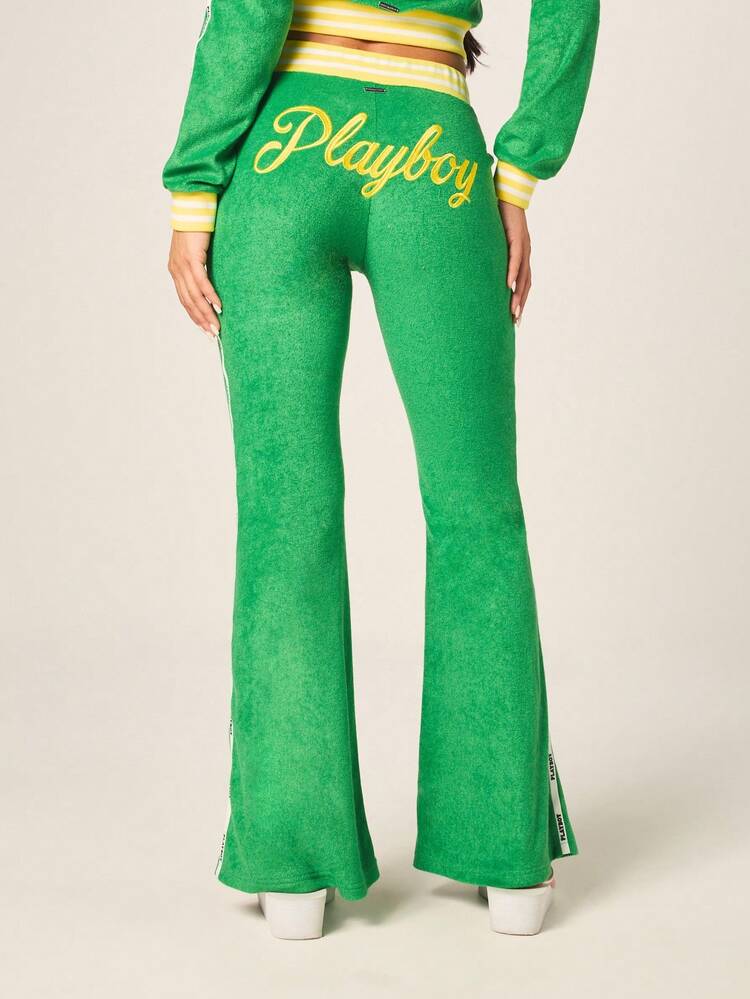 Missguided x Playboy Women's Green Terry Towelling Flare Leg Joggers With Logo Print And Yellow Stripe Waistband Contrast Details