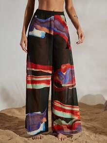 Opulessa Women's Tie-Dye Chiffon Wide Leg Loose Casual Pants Suitable For Beach Vacation, Casual, Holiday ,Going Out, Party, Beach - Purple - View 3