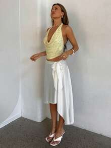 Aloruh Women's New Elegant Sexy Romantic Fashionable Minimalist Sexy Modern Wedding Guest Party Vacation Asymmetrical Hem Tie-Waist Skirt, Summer - White - View 6