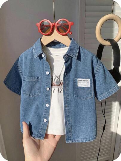 SHEIN 年轻男孩蓝色牛仔衬衫