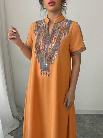 Rafferiza Contrast Color Embroidered Jewel Collar Loose Long Dress For Women