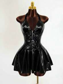 Mistrie 新款性感辣妹风 YK2 厚重 V 领漆皮 PU 皮革全长连衣裙，带帽领，露背，低领口，合身腰部和宽裙，朋克风格女装，女士街头服饰，适合夜总会、音乐节、万圣节服装 - 黑色 - 查看 4