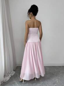 Elenzga Women's Elegant Strapless Bow Decor Satin & Chiffon Patchwork Fitted Midi Dress, Fashionable Ladylike Attire For Dates And Parties, Light Pink - Baby Pink - View 2