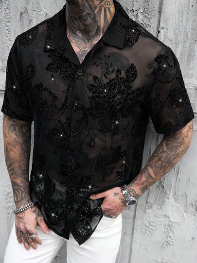 SLATEMANN Camisa casual de manga corta suelta con lentejuelas unicolor de terciopelo para hombre, adecuada como regalo para un novio