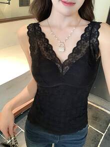 FRIFUL 女士V领蕾丝加垫时尚百搭休闲上衣 - 黑色 - 查看 3