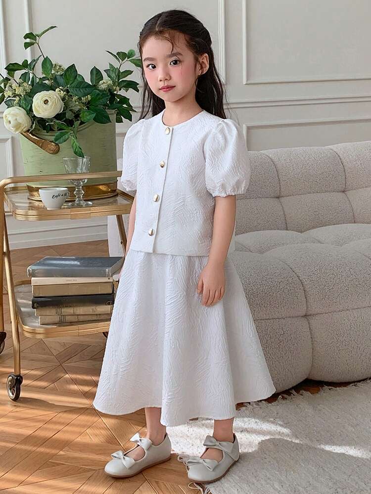Young Girls Round Neck Elegant Blouse & Loose Skirt Korean Style Outfit