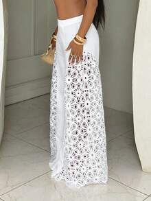 SHEIN BamGlam 女士度假休闲纯色镂空刺绣阔腿裤 - 白色 - 查看 5
