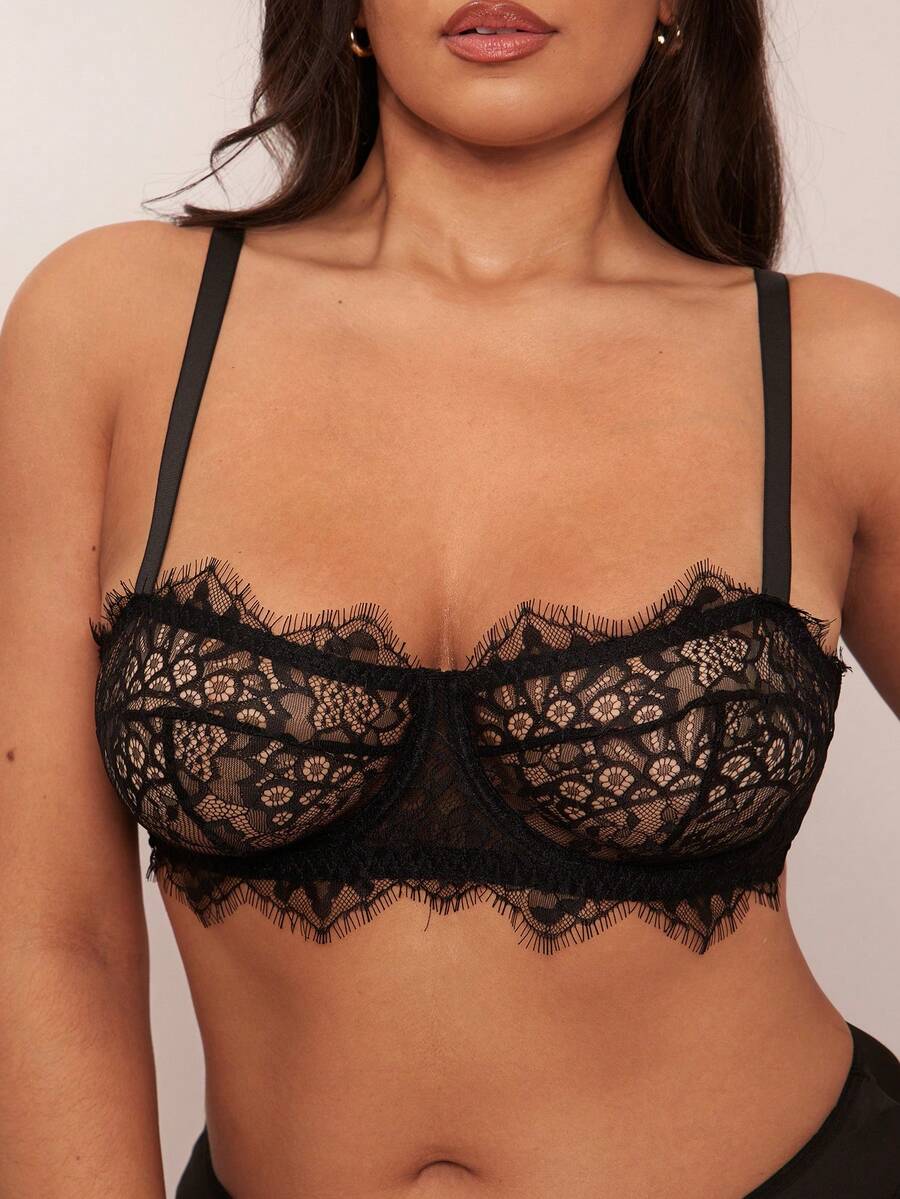 SHEIN BAE Áo ngực ren Pháp tinh tế gợi cảm thanh lịch và áo ngực không dây dành cho phụ nữ ngoại cỡ, áo nịt ngực nâng ngực - màu đen - Xem 1