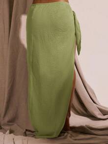 Musera Resort Cheesecloth Sarong Tie Side Maxi Skirt Only Spring Summer Vacation Sexy Boho Ibiza Festival Beach Swim Cover Up Elegant Party Holiday - Green - View 4