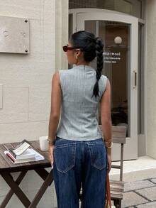 Siren Gaze 女士纯色高领休闲时尚百搭背心，秋冬新款无袖紧身灰色背心，适合日常穿着，高领褶皱背心，优雅宽松休闲修身款，女士优雅纯色高领裹身背心，夏季休闲办公无袖上衣，后背褶皱设计，秋冬女士返校季，低调复古，老钱风，教师款，机场时尚，夏季女士必备 - 灰色 - 查看 3