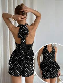 Siren Gaze Bộ áo hai dây cổ chữ V chấm bi kèm quần short - màu đen - Xem 1