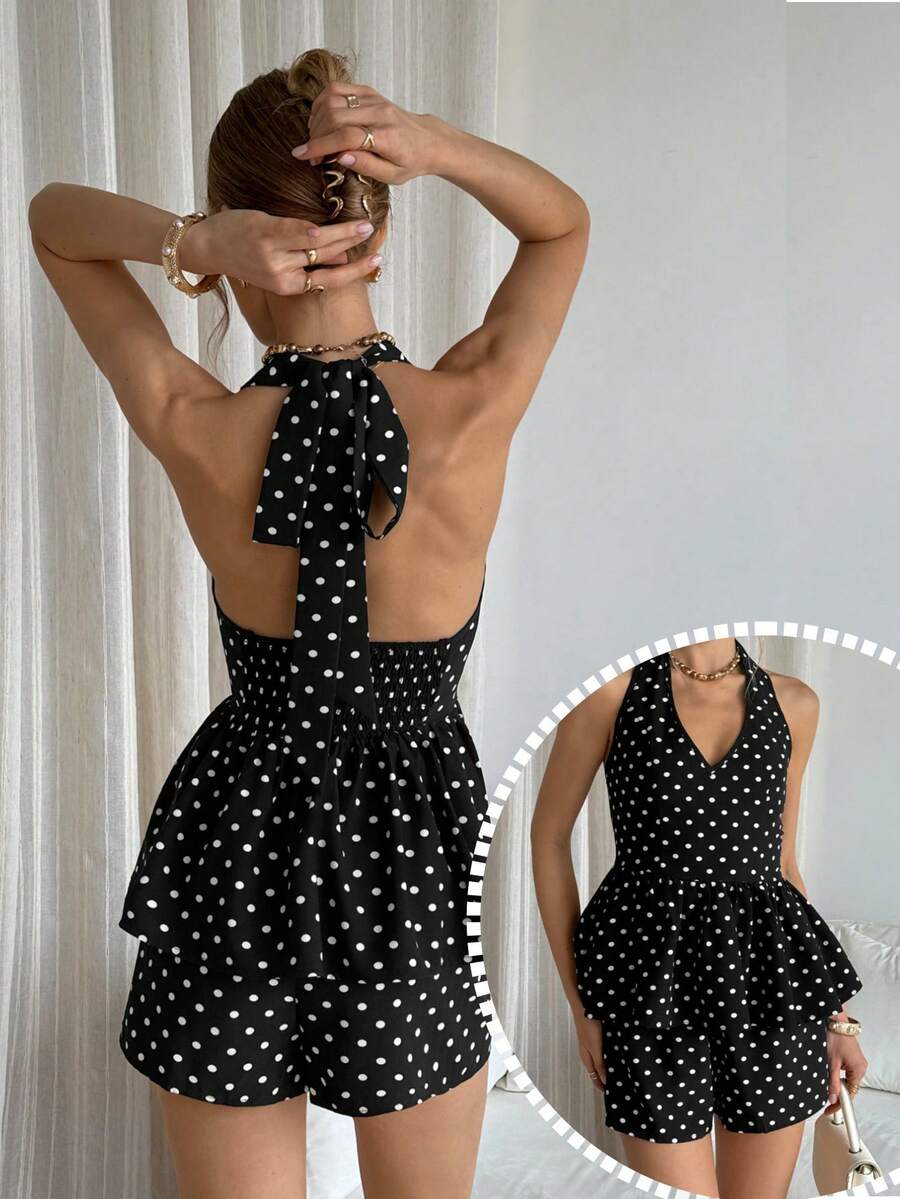Siren Gaze Bộ áo hai dây cổ chữ V chấm bi kèm quần short - màu đen - Xem 1