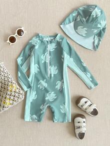 PrepCrw 1pc Boys' Elegant Urban Casual Green Sea Turtle Print Long Sleeve Fitted Swimsuit With Free Swim Cap, Suitable For Beach, Pool, Vacation, Holidays, Spring And Summer - Green - View 1