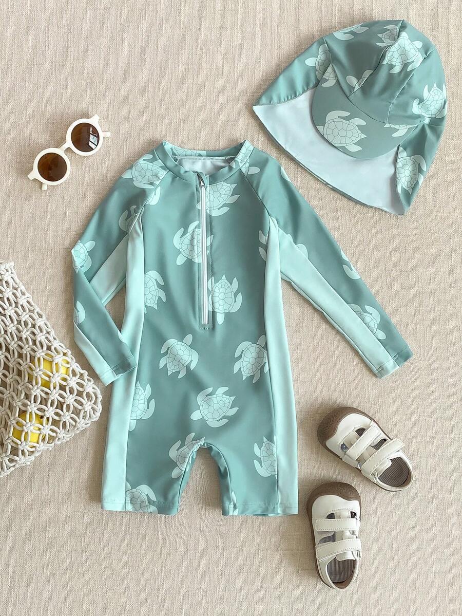 PrepCrw 1pc Boys' Elegant Urban Casual Green Sea Turtle Print Long Sleeve Fitted Swimsuit With Free Swim Cap, Suitable For Beach, Pool, Vacation, Holidays, Spring And Summer - Green - View 1
