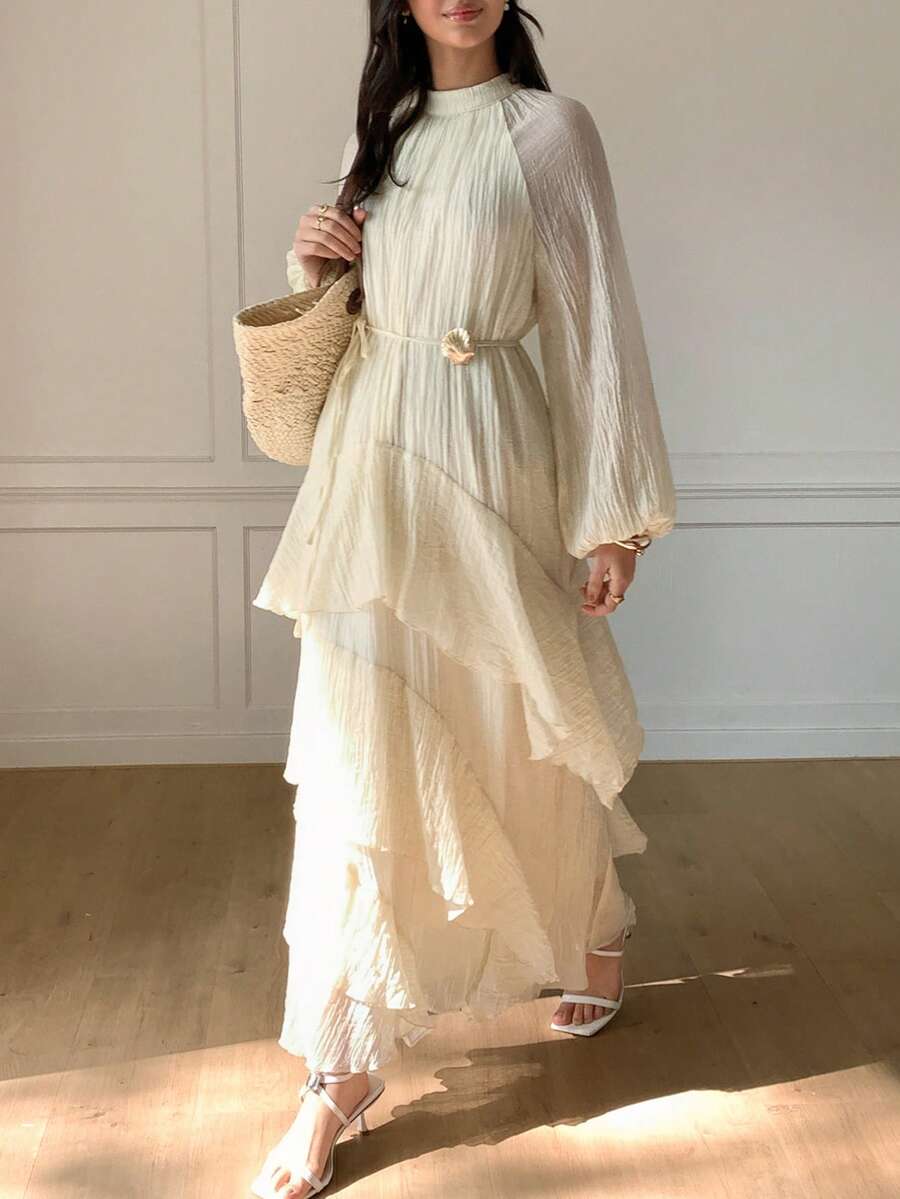 Solavon 新款褶皱多层荷叶边腰带飘逸沙滩裙 - 杏色 - 查看 1