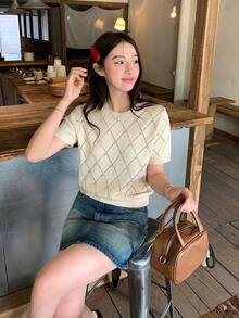 DAZY Women's Summer Unique Design Fitted Cropped Knit Top With Regular Shoulder - Black and White - View 6