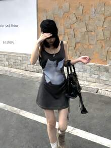 K-Vae Summer Minimalist Sexy Deep V-Neck Tie Strap Cat Print Dress - Camel - View 7