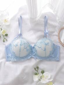 1pc Sheer Embroidered Mesh Babydoll Lingerie Set With Molded Cups And Underwire, Summer Holiday Sleepwear For Women, Pink - White - View 1