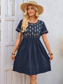 EMERY ROSE Đầm ngắn tay thắt eo họa tiết hình học dành cho nữ, thích hợp cho kỳ nghỉ hè ở bãi biển. - Màu xanh hải quân - Xem 6