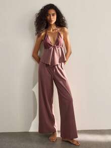 Ocili Women's Ruffled Hem Halter Top And Pants Pajama Set - Burgundy - View 2