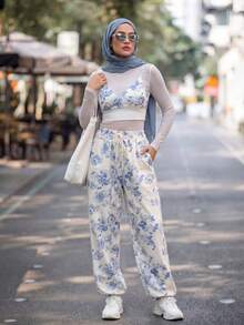 Calvaya 2 件套印花短款吊带背心短款上衣和高腰阔腿裤 - 彩色 - 查看 4