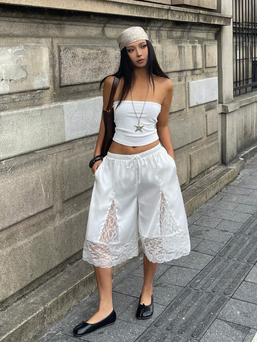 Coolane 女士春夏撞色蕾丝音乐会锐舞节外出狂欢文艺复兴集市俱乐部派对舒适白色裆部裤 - 白色 - 查看 1