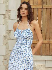 Gaivellea Women's Summer Vacation Casual Daily Printed Halter Dress - Blue and White - View 4
